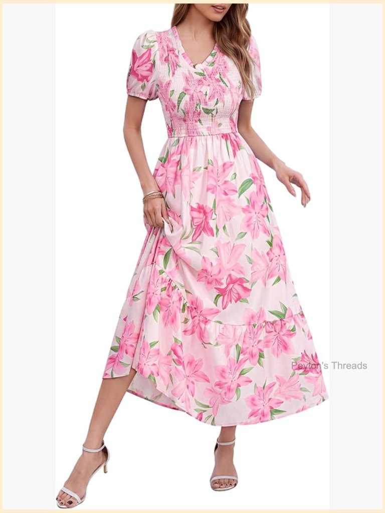 Women's Boho Floral Maxi Dress V Neck Smocked Puff Sleeve Casual Summer